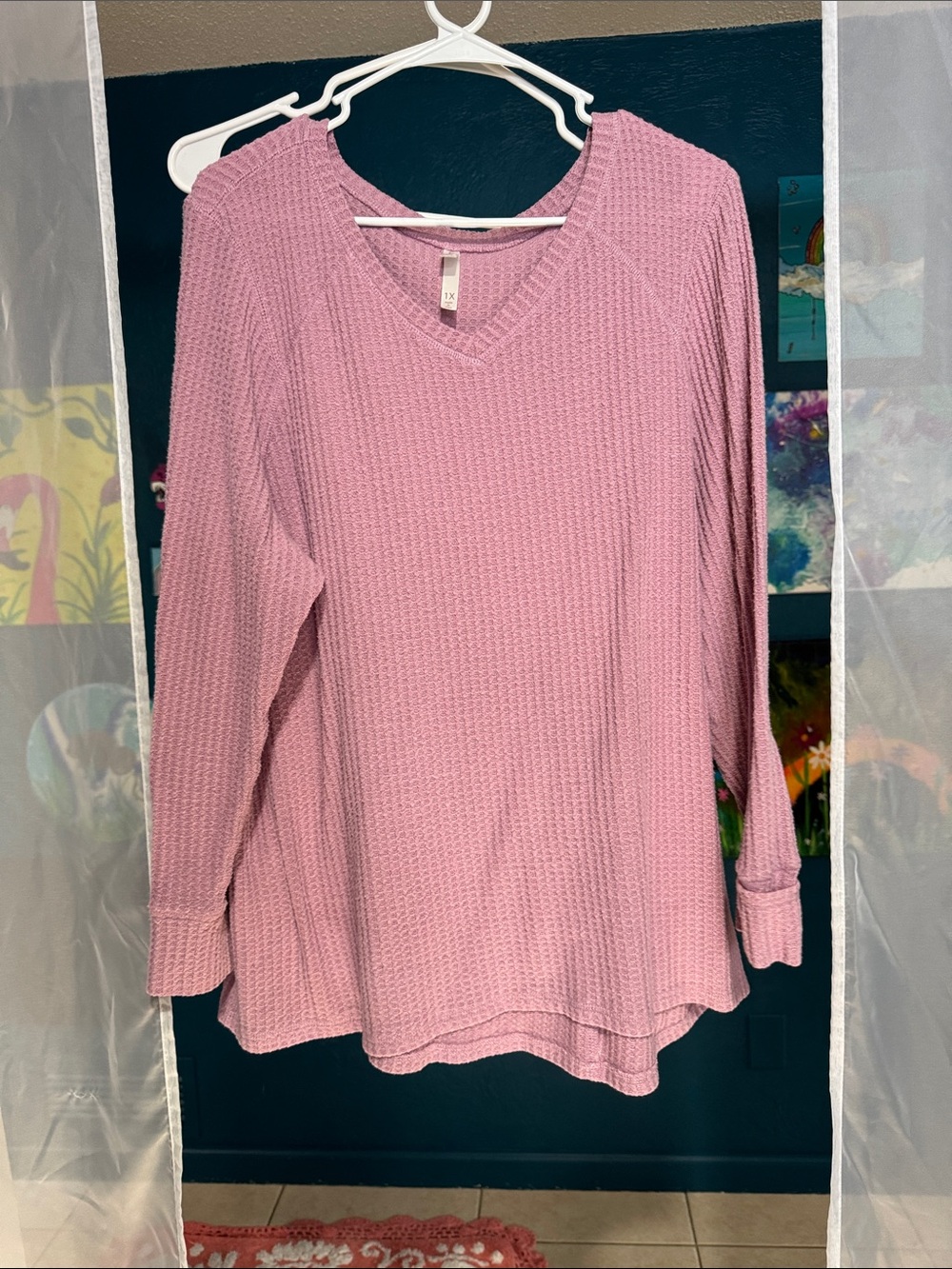 LuLaRoe Pink Waffle Knit V-Neck Long Sleeve Top